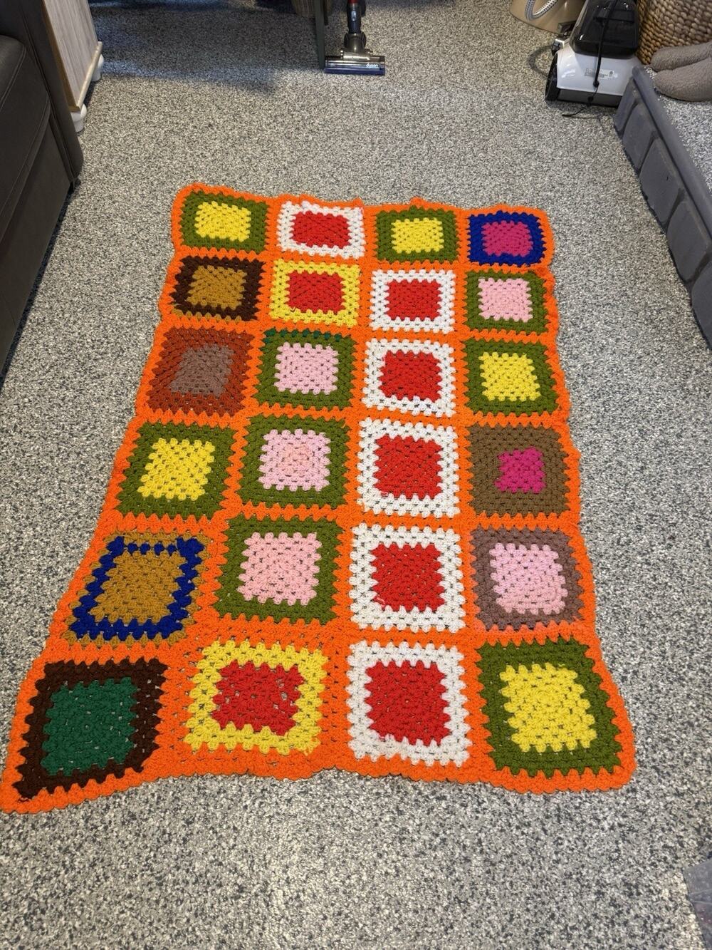 Vintage Groovy Bright Colorful Granny Square Handmade Crochet Afghan 65x42”
